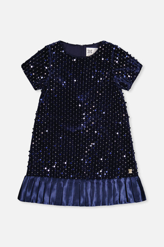 Deux par Deux girls' dark blue sparkle velour A-line dress with short sleeves, front view