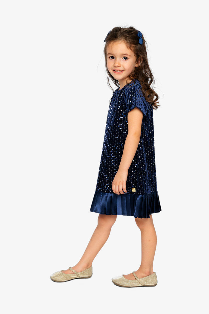 Lookbook: child in the dark blue sparkle velour dress by Deux par Deux