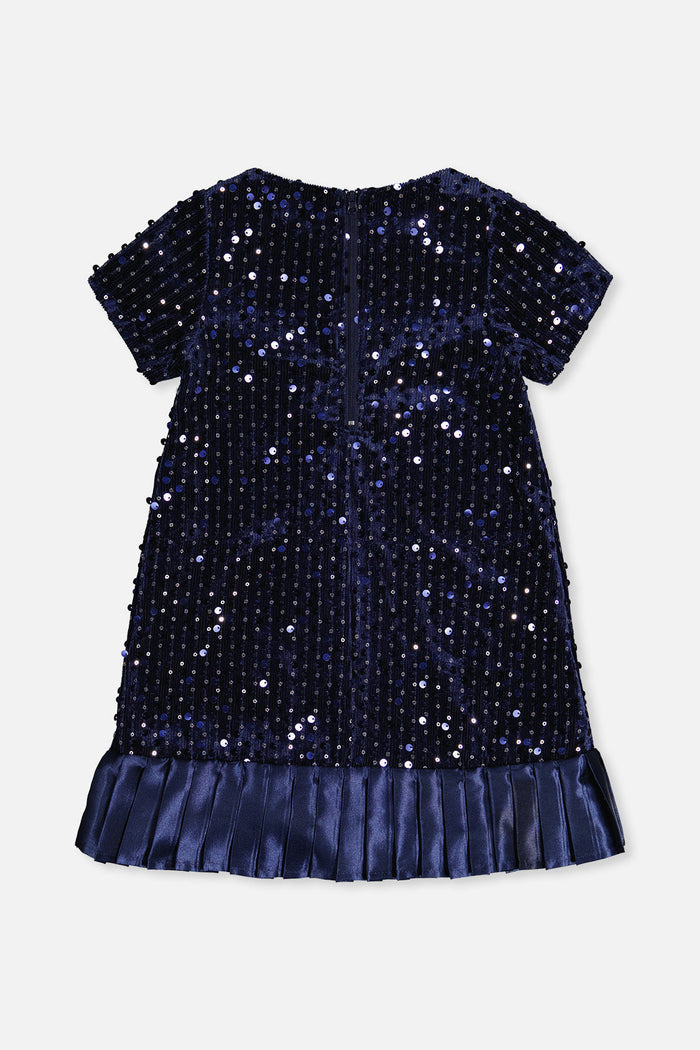 Deux par Deux girls' dark blue sparkle velour A-line dress, back view