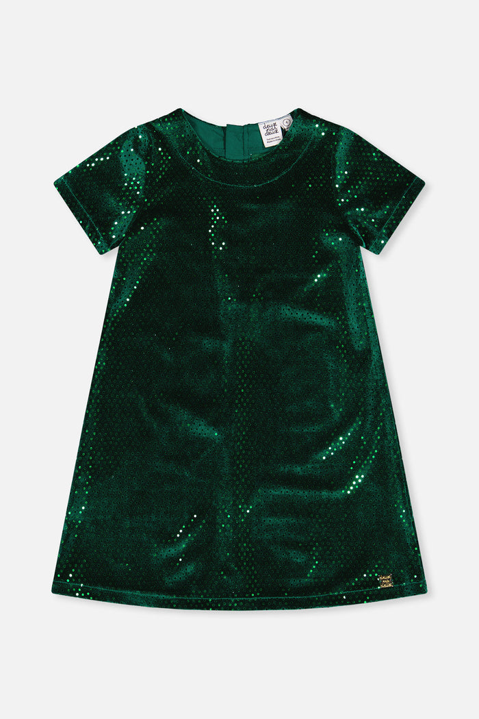 Deux par Deux girls' forest green sparkle velour A-line dress, front view
