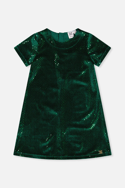 Deux par Deux girls' forest green sparkle velour A-line dress, front view
