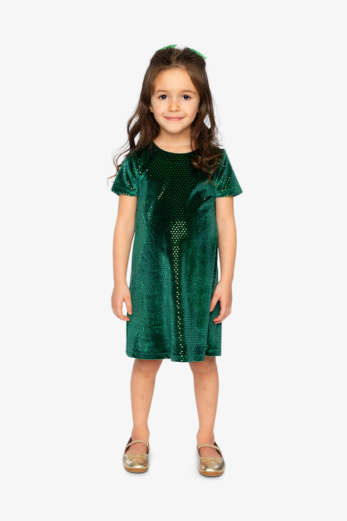 Girl wearing the Deux par Deux forest green velour dress, lookbook photo 1