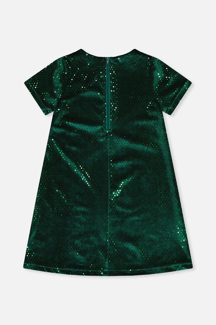 Deux par Deux girls' forest green sparkle velour dress, back view