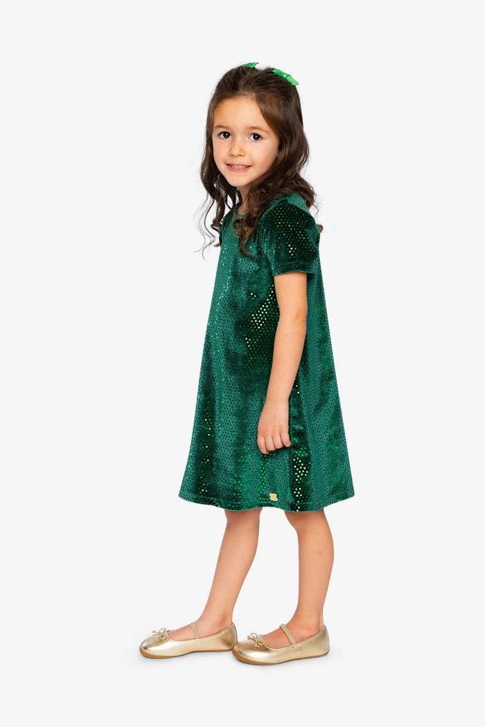 Girl wearing the Deux par Deux forest green velour dress, lookbook photo 2