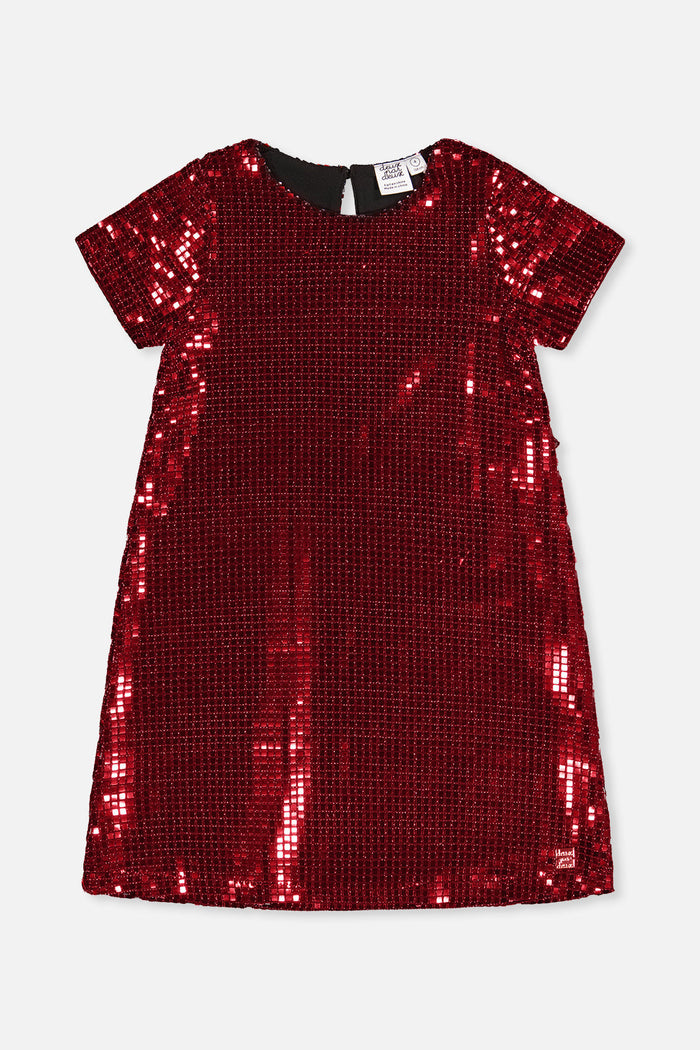 Deux par Deux girls shimmer A-line party dress in red, front view