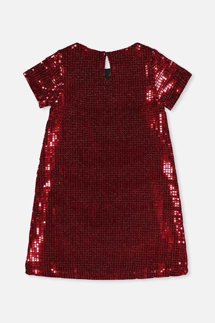 Deux par Deux red shimmer A-line dress, back view