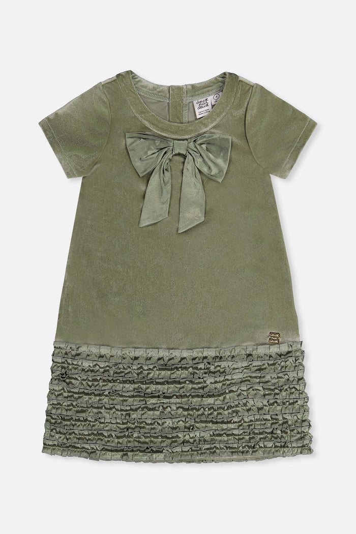 Deux par Deux girls' greyish green velour A-line dress with bow, front view