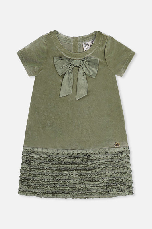 Deux par Deux girls' greyish green velour A-line dress with bow, front view