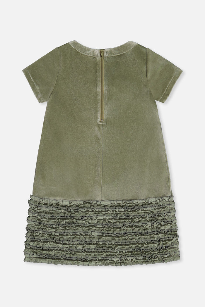 Deux par Deux girls' greyish green velour dress with bow, back view