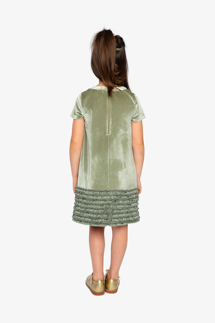 Girl wearing the Deux par Deux greyish green velour dress with bow, lookbook photo 3