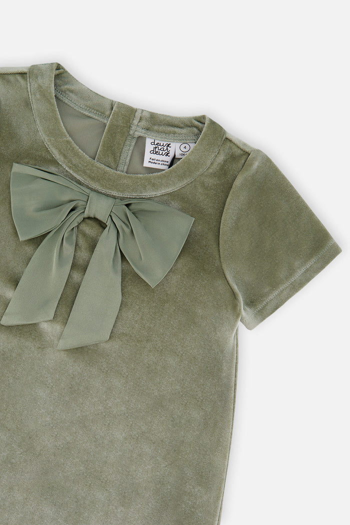 Deux par Deux girls' greyish green velour dress with bow, detail view