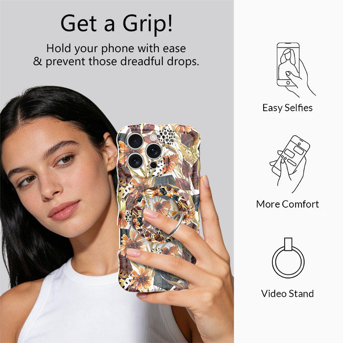 Get a Grip graphic for the Sienna Petals MagSafe grip ring, a model holding her rust floral phone one-handed, plus easy selfies, comfort and video stand uses.
