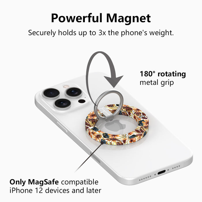 Powerful magnet graphic for the Sienna Petals MagSafe grip ring, showing the 180 degree rotating metal grip that holds up to three times the phone's weight.