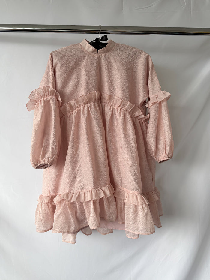 Sister Jane Pink Tiered Skirt Woven Mini Puff Sleeve Dress