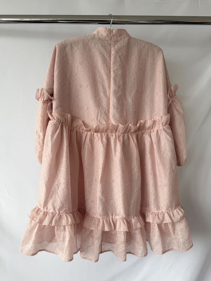 Sister Jane Pink Tiered Skirt Woven Mini Puff Sleeve Dress