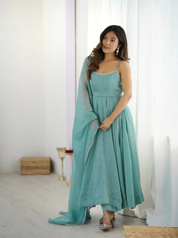Sky Blue Color Crunchy Silk Ethnic Anarkali Suit with Dupatta