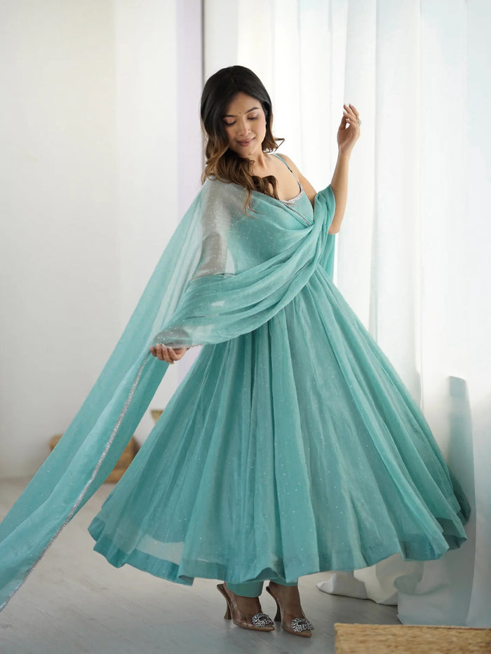 Sky Blue Color Crunchy Silk Three Piece Anarkali Suit