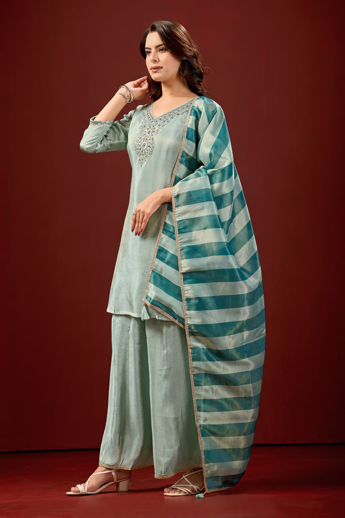 Sky Blue Embroidered Kurta With Palazzos & Dupatta