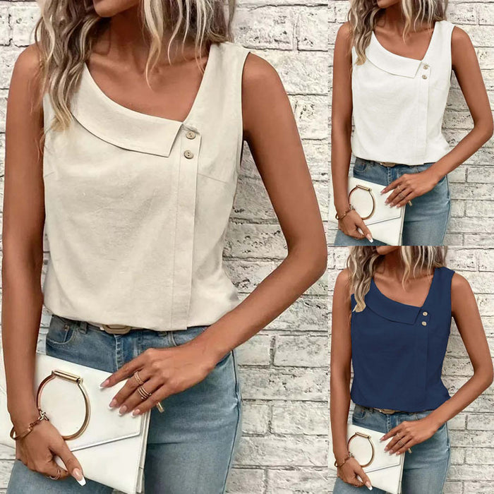 Slant Collar Sleeveless Print Top — Women's Summer Tee