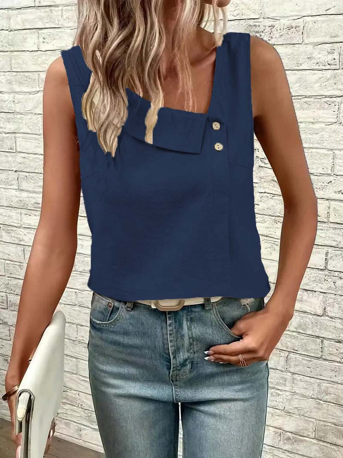 Slant Collar Sleeveless Print Top — Women's Summer Tee