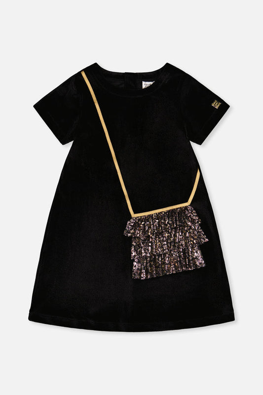 Deux par Deux girls' sleeveless A-line dress in black and gold, front view