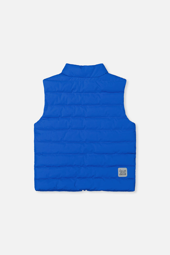 Deux par Deux blue quilted mid-season vest, back view