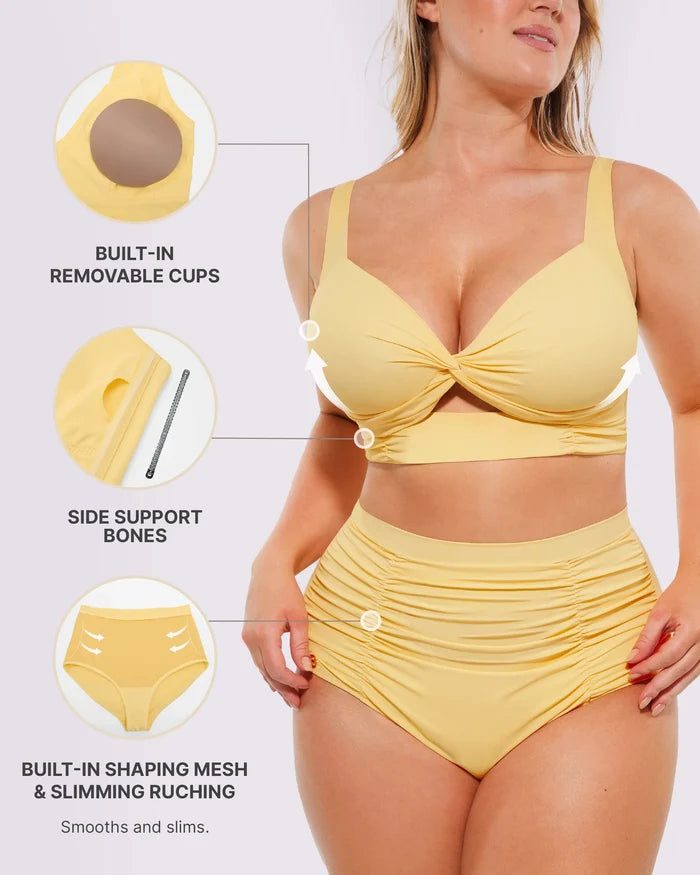 Twist-front bikini top paired with high-waisted shaping swim bottoms