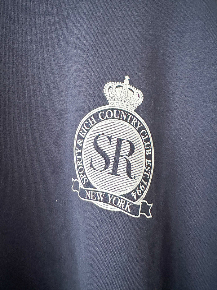 Sporty & Rich Navy Royal Club Crest Print Crewneck Cotton Sweatshirt