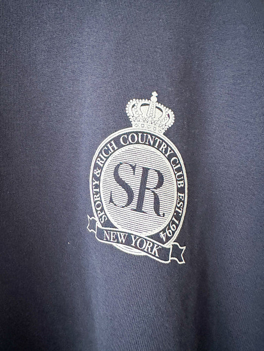 Sporty & Rich Navy Royal Club Crest Print Crewneck Cotton Sweatshirt