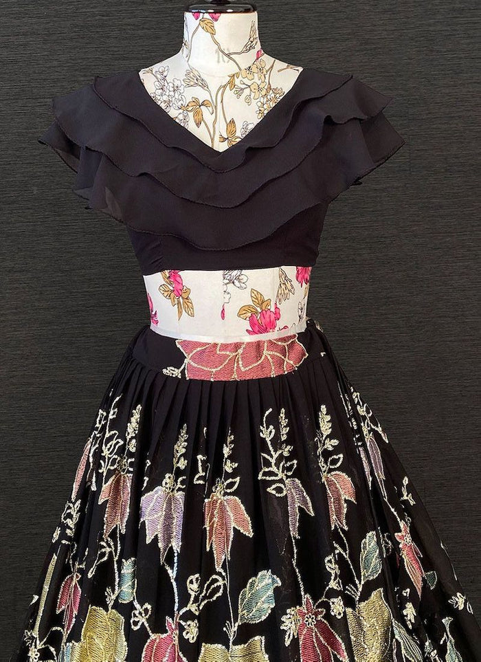 Stylish Black Sequins Georgette Party Wear Crop Top Lehenga