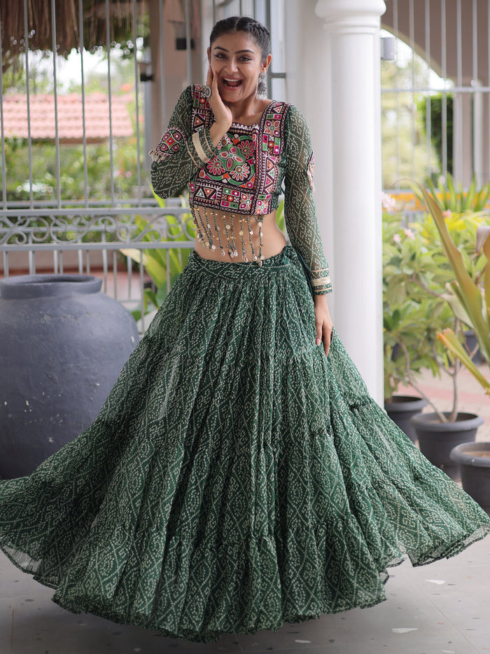 Superb Bottle Green Bandhani Printed Georgette Navratri Lehenga Choli