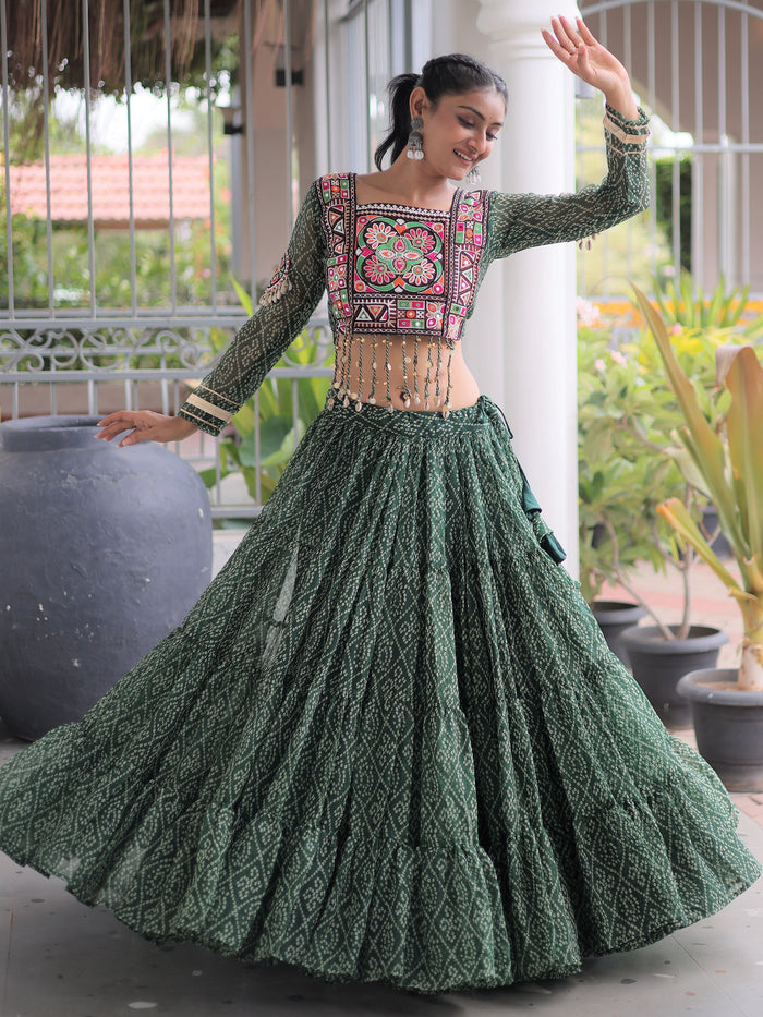 Superb Bottle Green Bandhani Printed Georgette Navratri Lehenga Choli