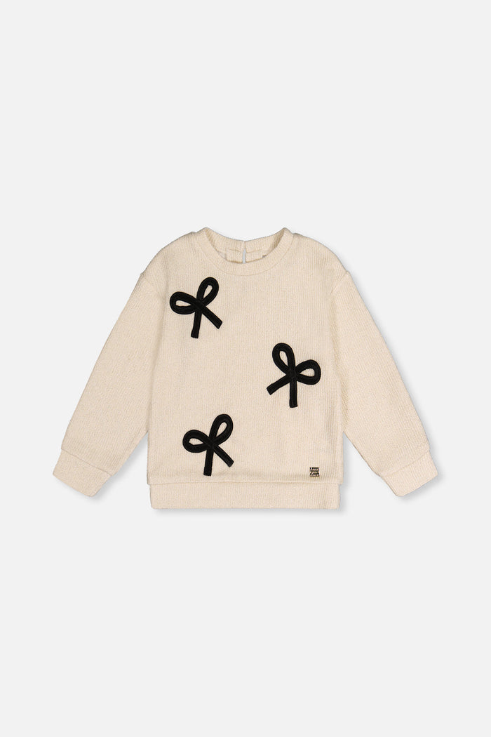 Deux par Deux girls sweatshirt with velvet bows in beige and black, front view
