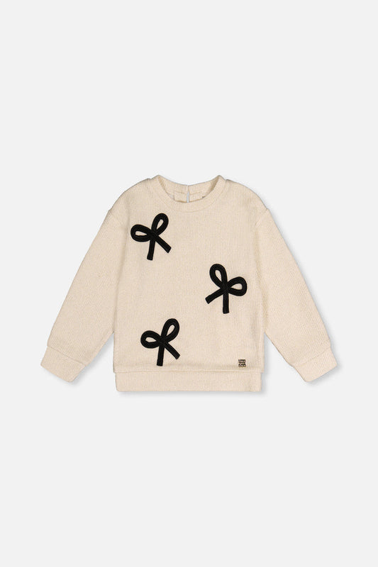 Deux par Deux girls sweatshirt with velvet bows in beige and black, front view