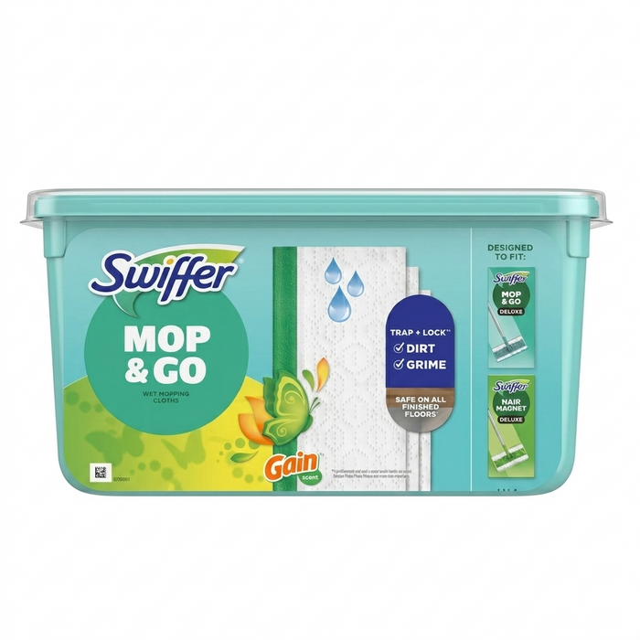 Swiffer Mop & Go cleaning product packaging on a white background