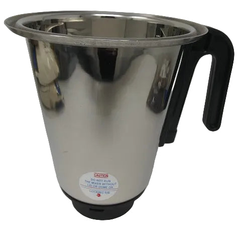 Stainless steel mixing bowl with black handle on a white background