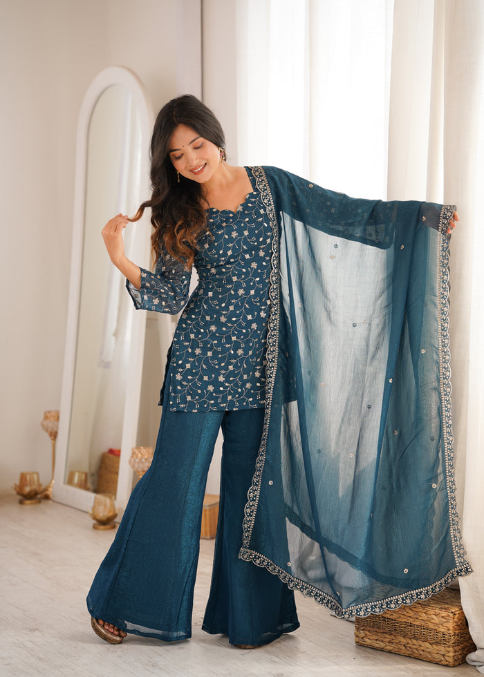 Teal Blue Color Crunchy Silk Embroidered Plazzo Suit