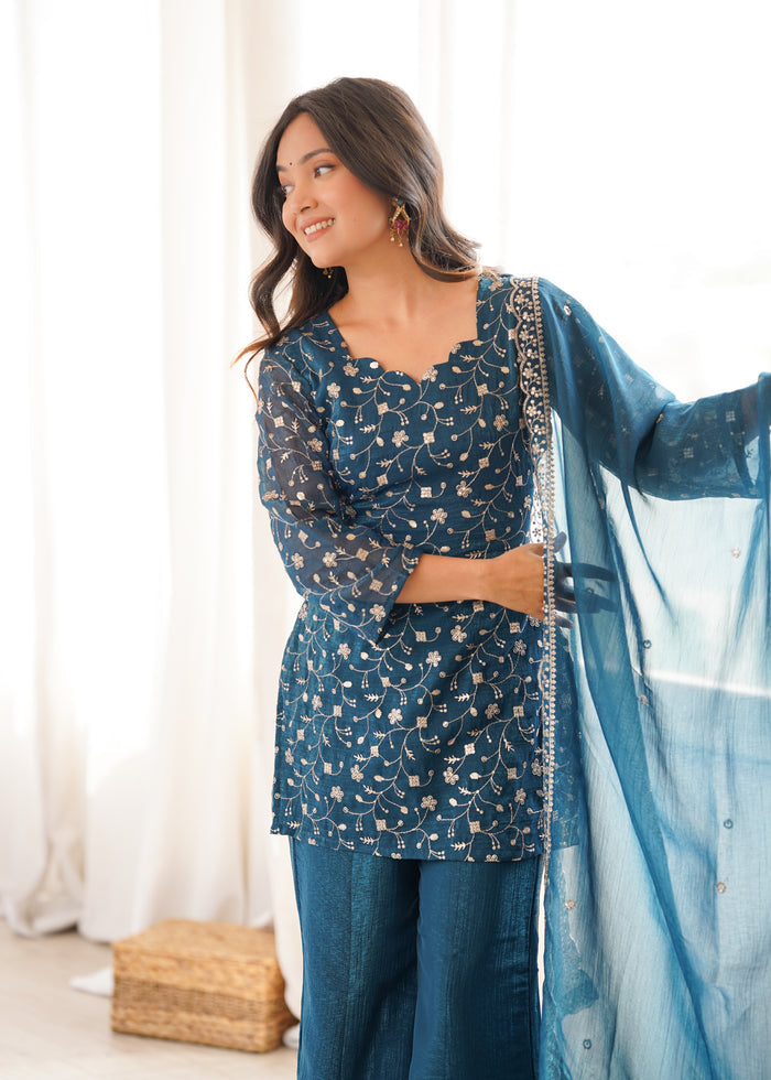 Teal Blue Color Crunchy Silk Embroidered Plazzo Suit