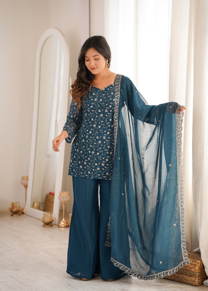 Teal Blue Color Crunchy Silk Embroidered Plazzo Suit