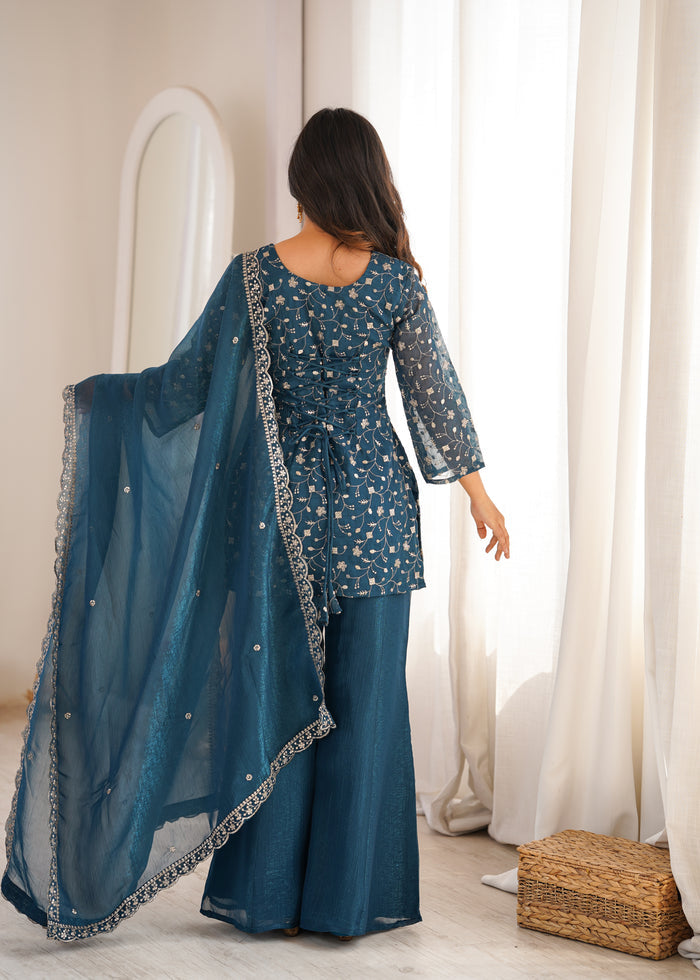 Teal Blue Color Crunchy Silk Embroidered Plazzo Suit