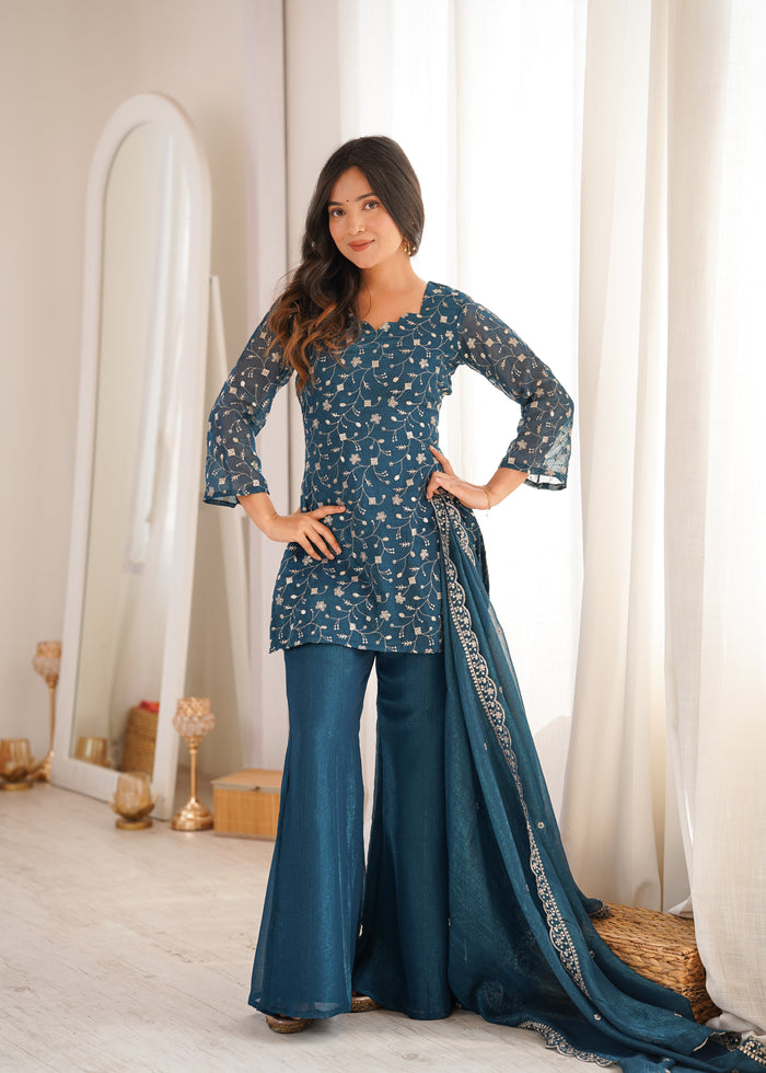 Teal Blue Color Crunchy Silk Embroidered Plazzo Suit