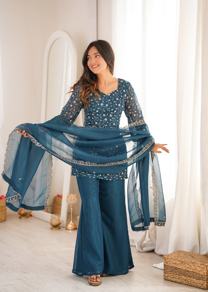 Teal Blue Color Crunchy Silk Embroidered Plazzo Suit