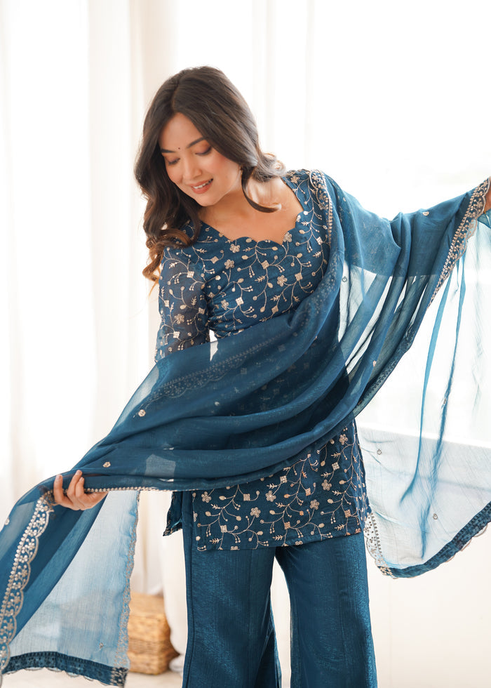 Teal Blue Color Crunchy Silk Embroidered Plazzo Suit