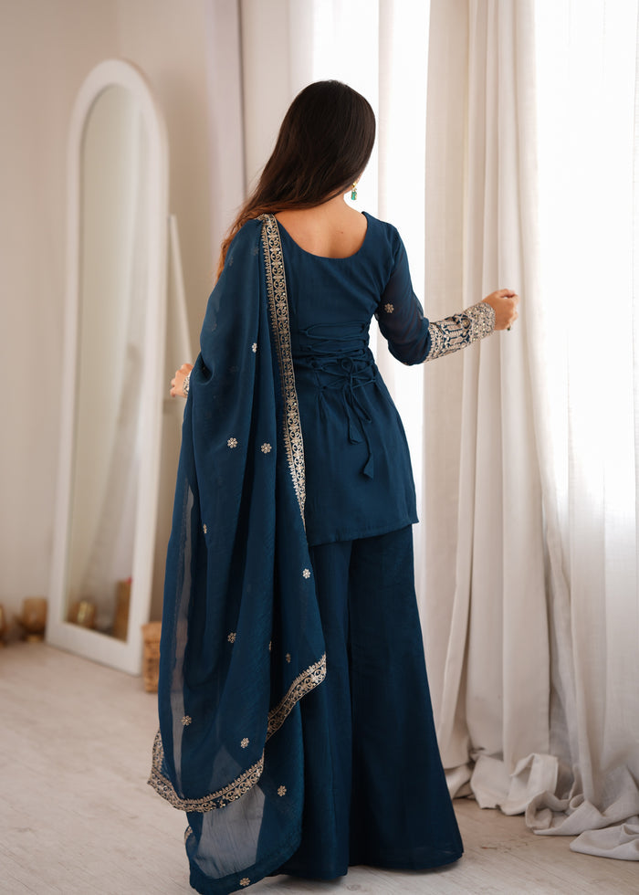 Teal Blue Color Embroidered Crunchy Silk Plazzo Suit