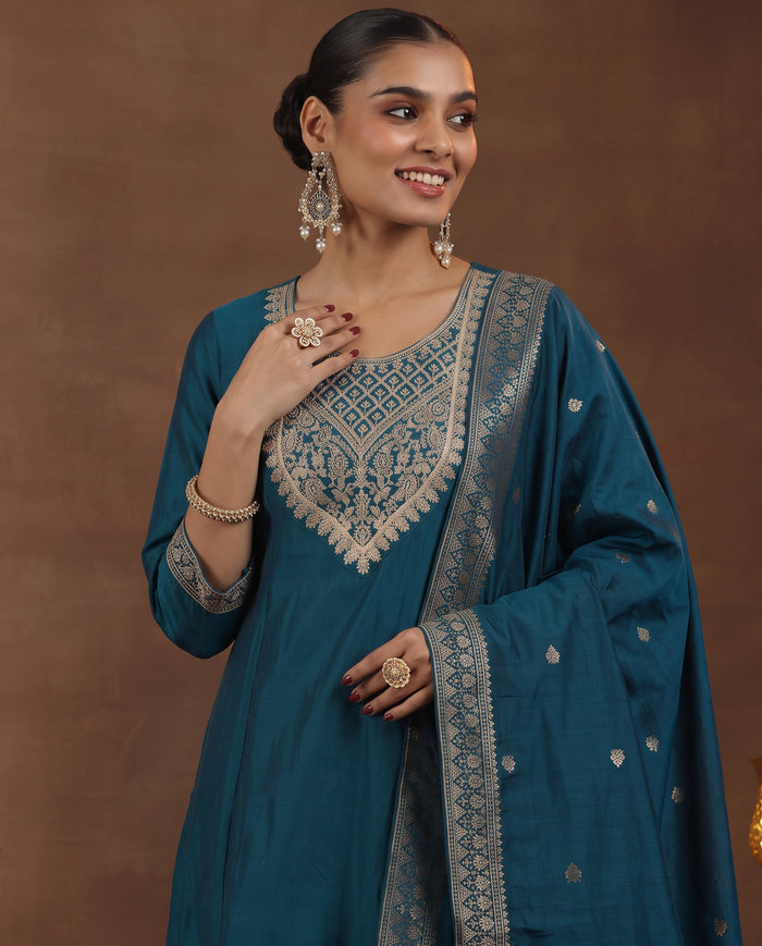 Teal Ethnic Embroidered Silk Blend Straight Kurta Set