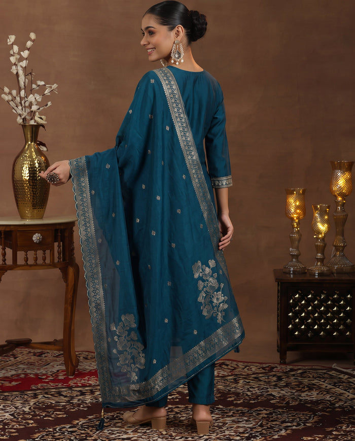 Teal Ethnic Embroidered Silk Blend Straight Kurta Set