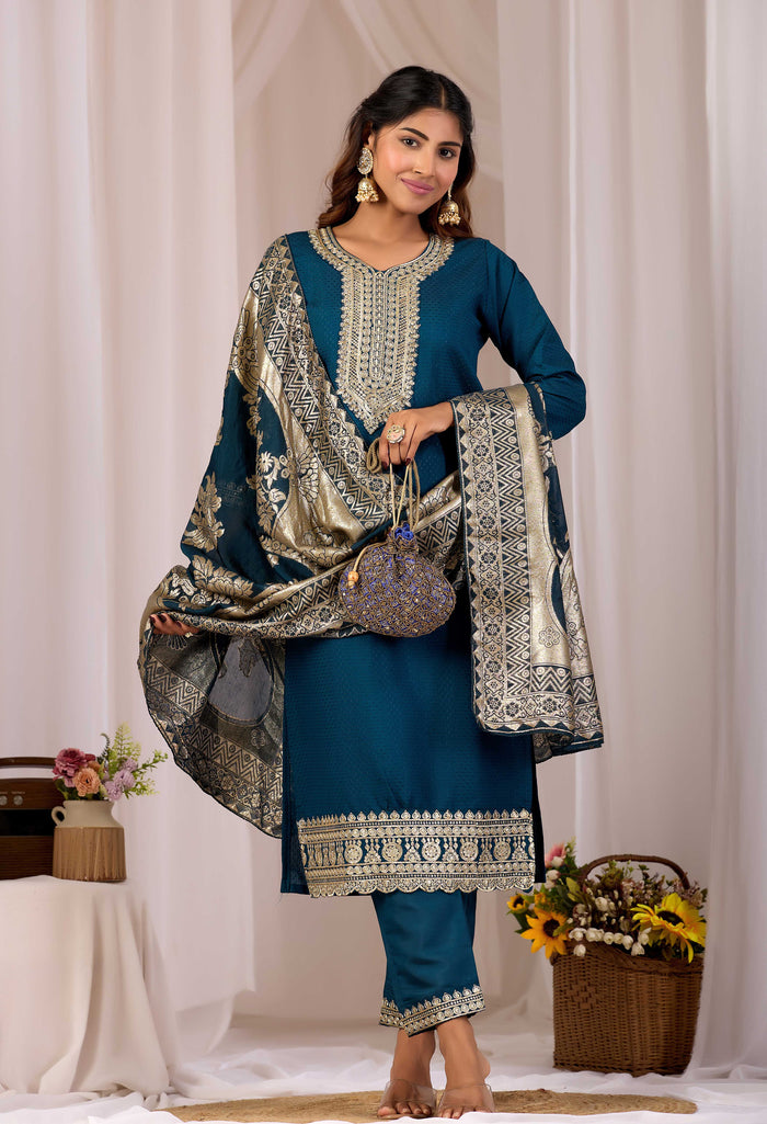 Teal Ethnic Embroidered Stylish Kurta Set with Jacquard Dupatta