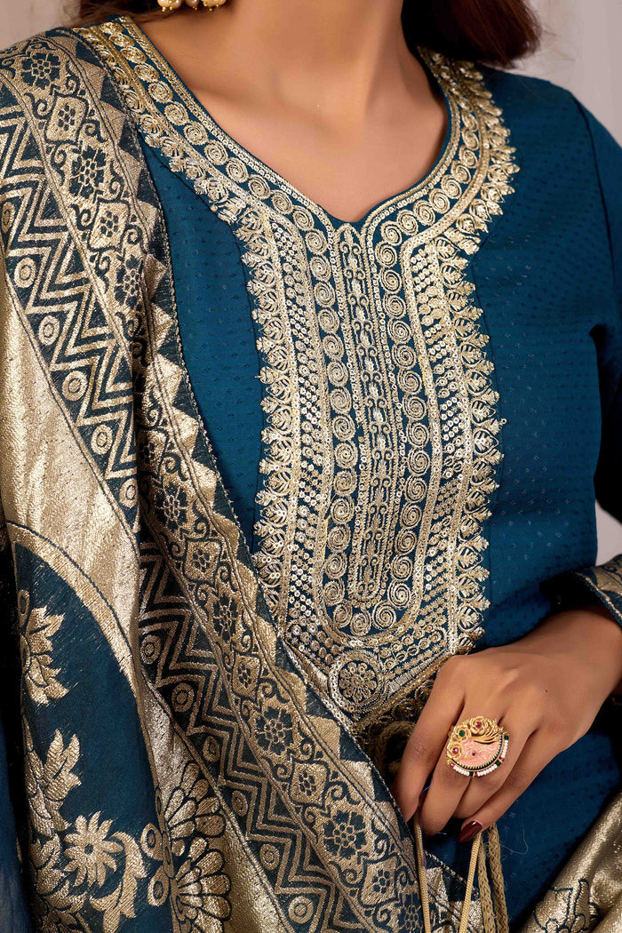Teal Ethnic Embroidered Stylish Kurta Set with Jacquard Dupatta