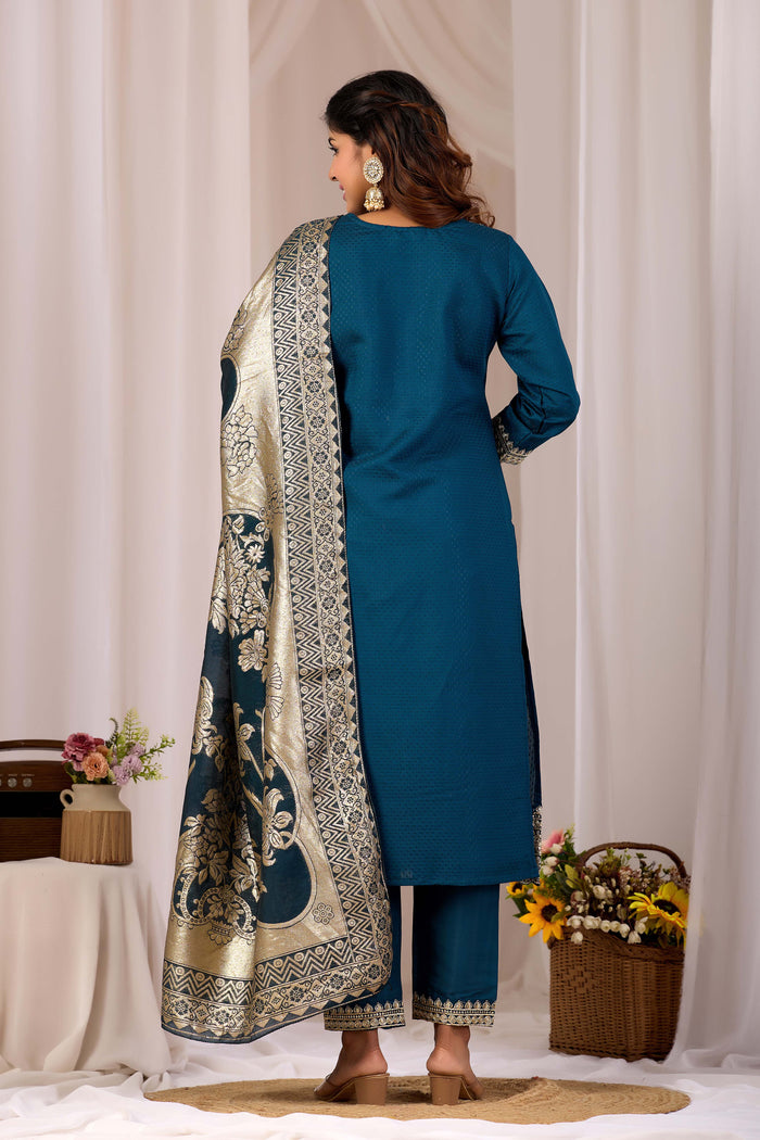Teal Ethnic Embroidered Stylish Kurta Set with Jacquard Dupatta