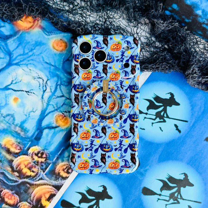 The Bewitching Hour Hold It Fancy MagSafe grip ring attached to the matching light blue witch hat and owl iPhone case, silver ring folded flat.